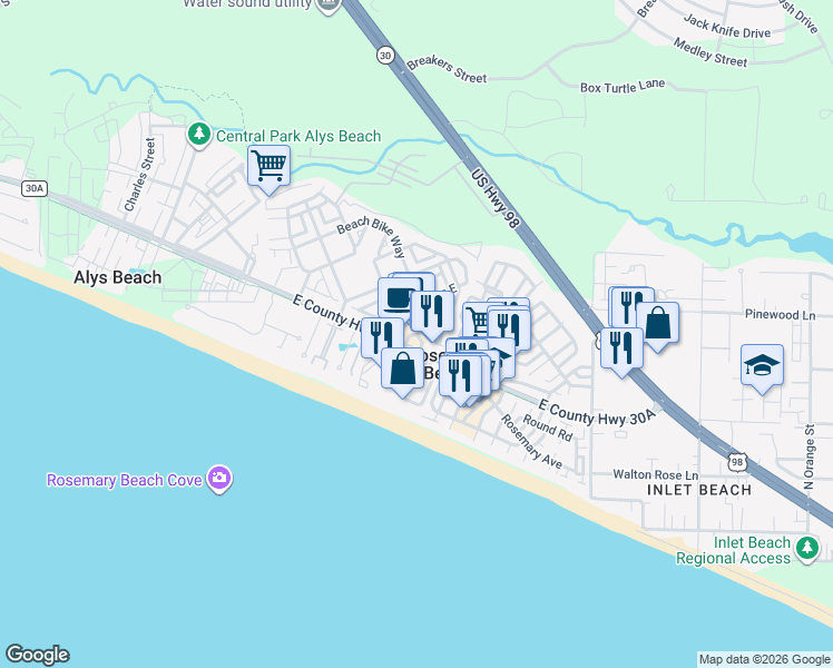 map of restaurants, bars, coffee shops, grocery stores, and more near 10343 East County Highway 30A in Seacrest