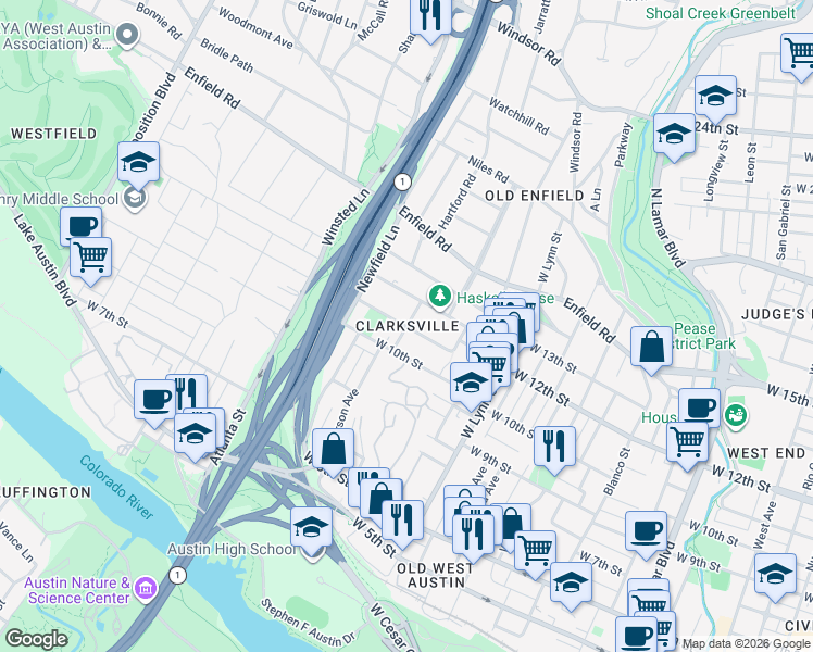 map of restaurants, bars, coffee shops, grocery stores, and more near in Austin