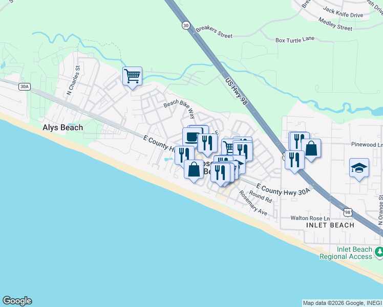 map of restaurants, bars, coffee shops, grocery stores, and more near 10343 East County Highway 30A in Alys Beach