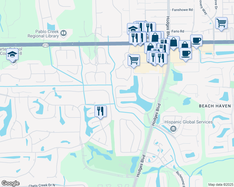 map of restaurants, bars, coffee shops, grocery stores, and more near 13461 Isla Vista Drive in Jacksonville