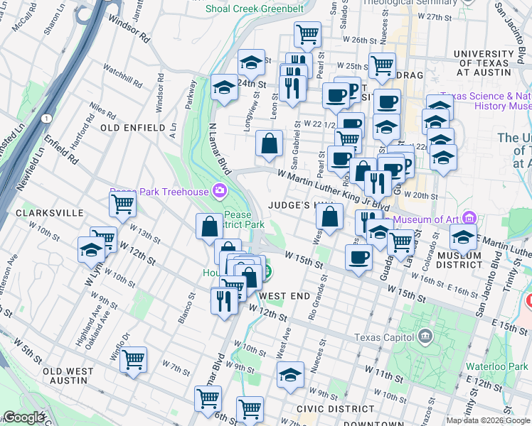 map of restaurants, bars, coffee shops, grocery stores, and more near 1609 Shoal Creek Boulevard in Austin
