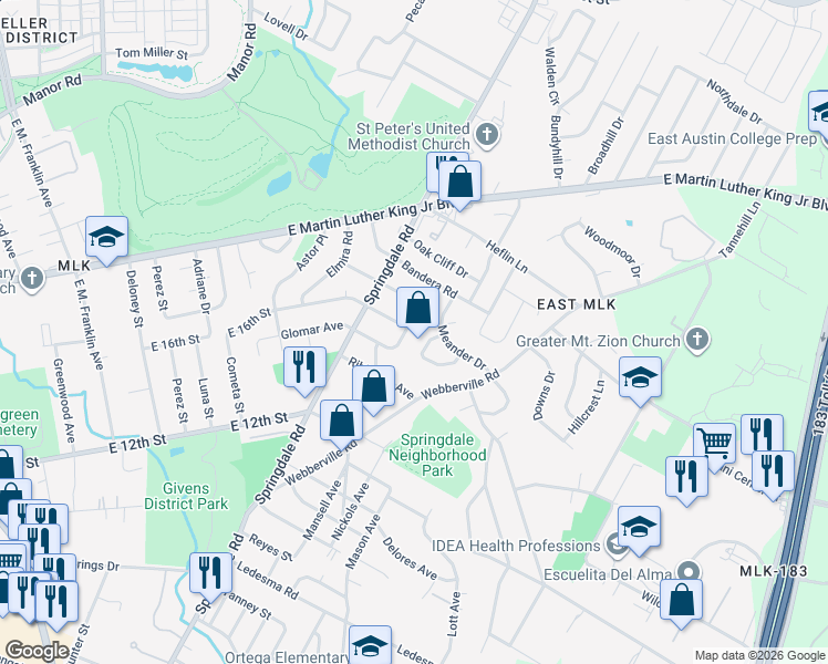 map of restaurants, bars, coffee shops, grocery stores, and more near 1603 Berene Avenue in Austin