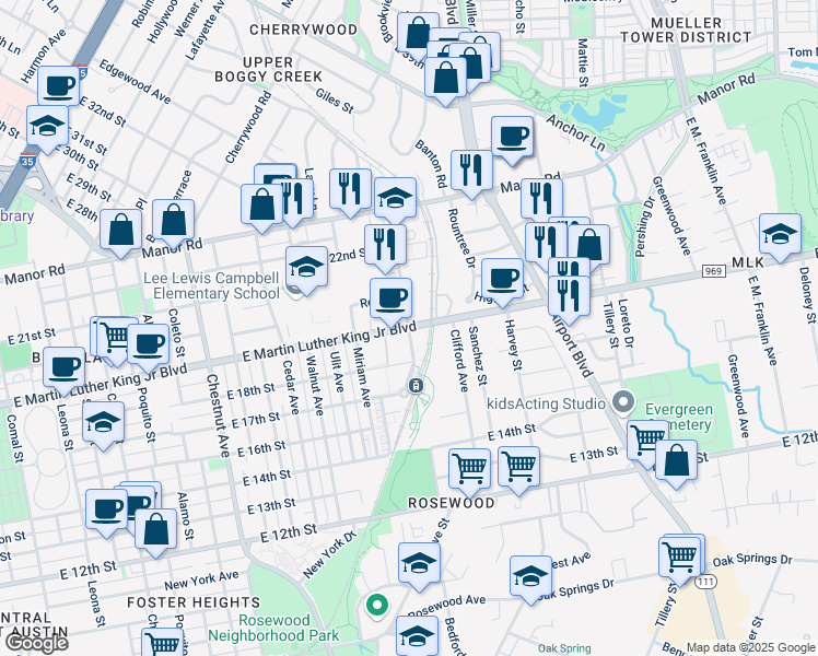 map of restaurants, bars, coffee shops, grocery stores, and more near E Martin Luther King Jr Blvd & Alexander Ave in Austin