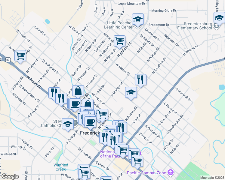 map of restaurants, bars, coffee shops, grocery stores, and more near 302 West College Street in Fredericksburg