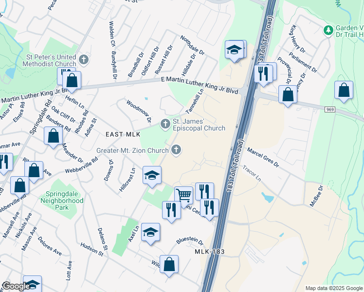 map of restaurants, bars, coffee shops, grocery stores, and more near 3987 Tannehill Lane in Austin