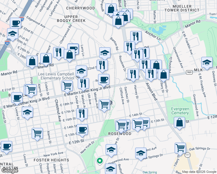 map of restaurants, bars, coffee shops, grocery stores, and more near 2834 East Martin Luther King Junior Boulevard in Austin