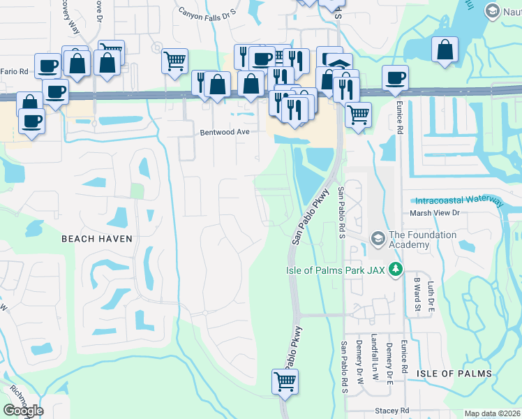 map of restaurants, bars, coffee shops, grocery stores, and more near 3628 Marsh Reserve Boulevard in Jacksonville