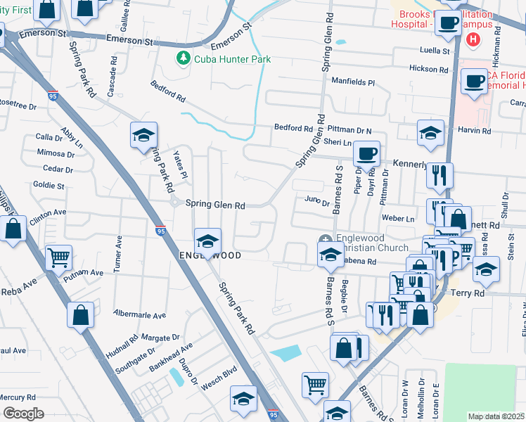 map of restaurants, bars, coffee shops, grocery stores, and more near 4175 Camellia Circle East in Jacksonville