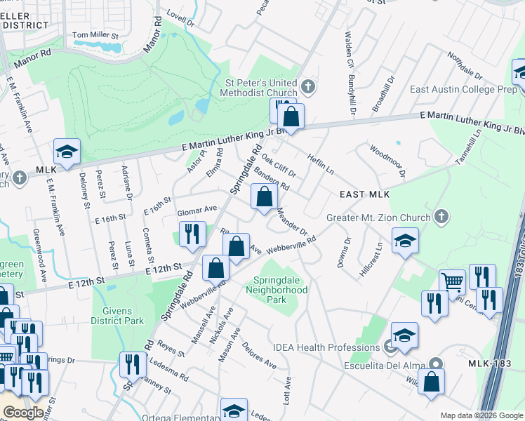 map of restaurants, bars, coffee shops, grocery stores, and more near 1603 Berene Avenue in Austin