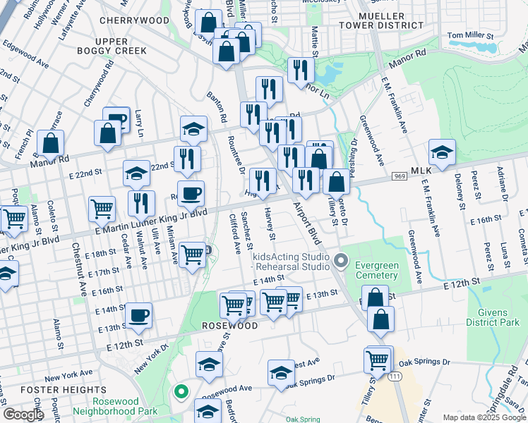 map of restaurants, bars, coffee shops, grocery stores, and more near 3001 East Martin Luther King Junior Boulevard in Austin
