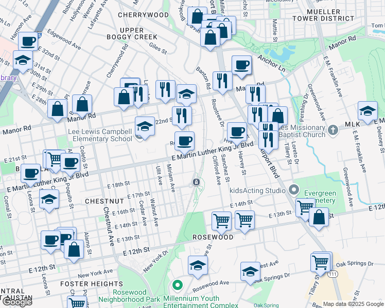 map of restaurants, bars, coffee shops, grocery stores, and more near 2834 East Martin Luther King Junior Boulevard in Austin