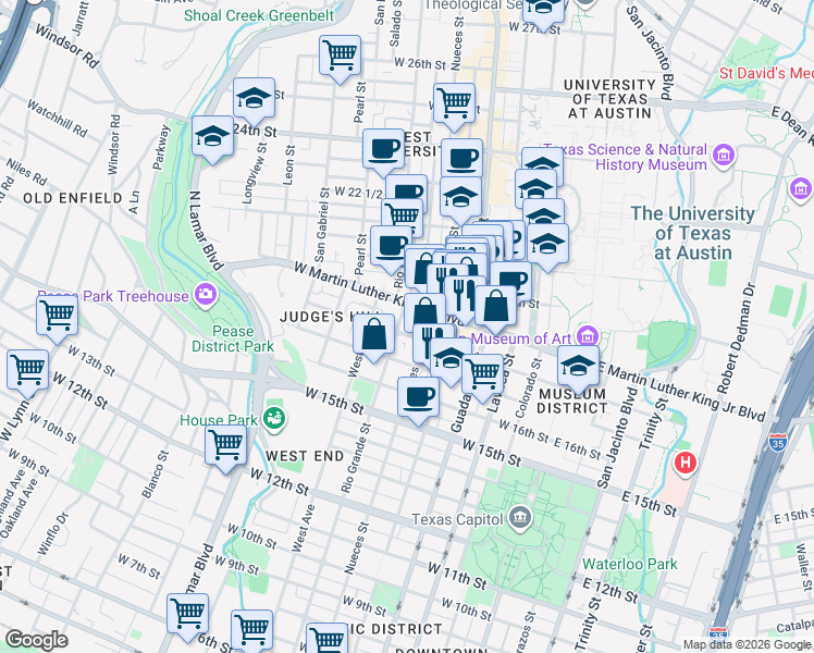 map of restaurants, bars, coffee shops, grocery stores, and more near 611 West Martin Luther King Junior Boulevard in Austin