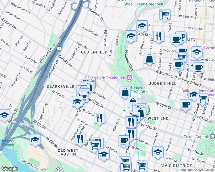 map of restaurants, bars, coffee shops, grocery stores, and more near 1501 Enfield Road in Austin