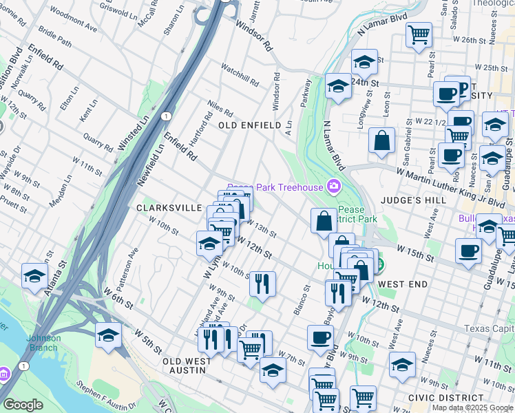 map of restaurants, bars, coffee shops, grocery stores, and more near 1524 Palma Plaza in Austin