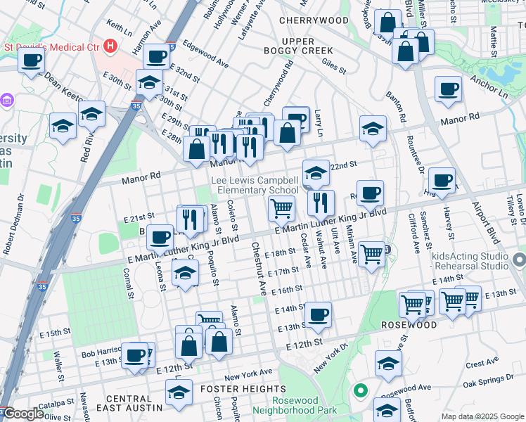 map of restaurants, bars, coffee shops, grocery stores, and more near 2000 Maple Avenue in Austin