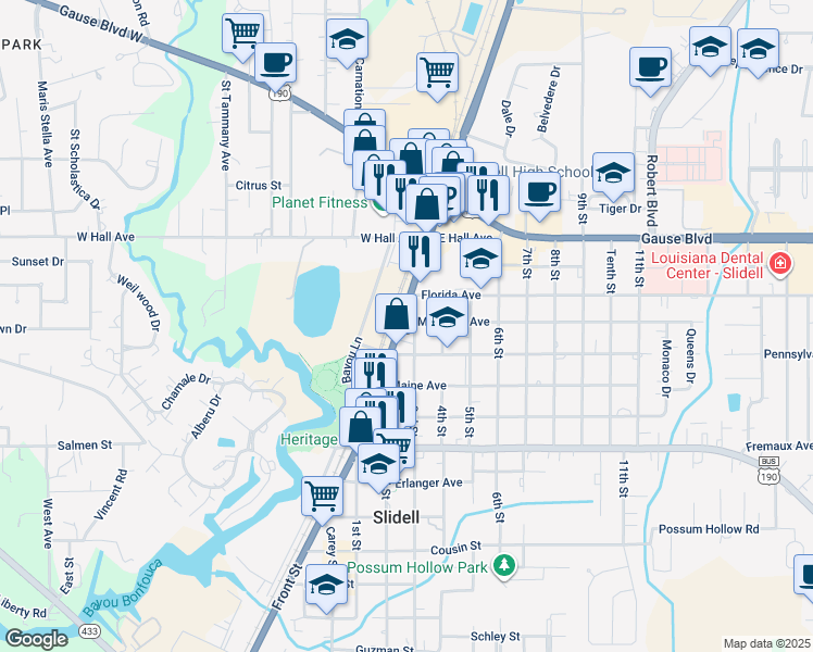 map of restaurants, bars, coffee shops, grocery stores, and more near 1502 Front Street in Slidell