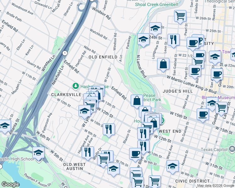 map of restaurants, bars, coffee shops, grocery stores, and more near 1501 Enfield Road in Austin