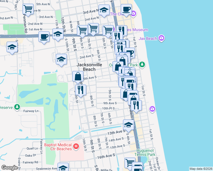 map of restaurants, bars, coffee shops, grocery stores, and more near 504 6th Avenue South in Jacksonville Beach