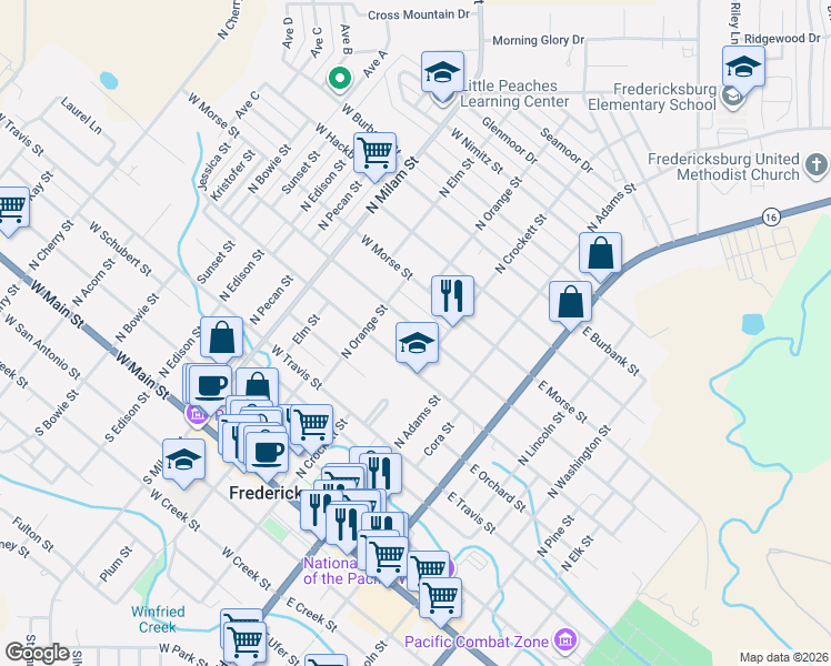 map of restaurants, bars, coffee shops, grocery stores, and more near 219 West Centre Street in Fredericksburg