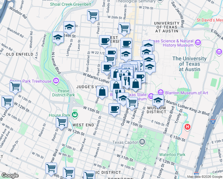 map of restaurants, bars, coffee shops, grocery stores, and more near 611 West Martin Luther King Junior Boulevard in Austin