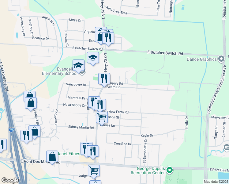 map of restaurants, bars, coffee shops, grocery stores, and more near Mary Ann Drive in Lafayette