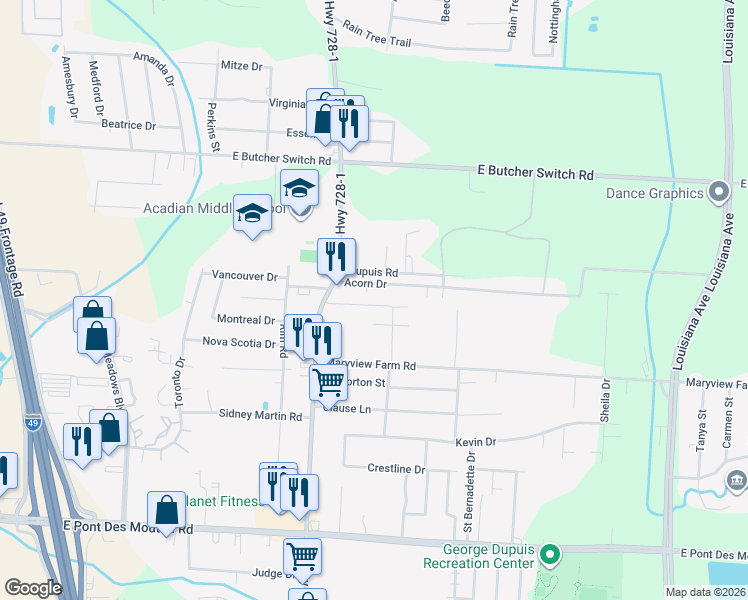 map of restaurants, bars, coffee shops, grocery stores, and more near Mary Ann Drive in Lafayette