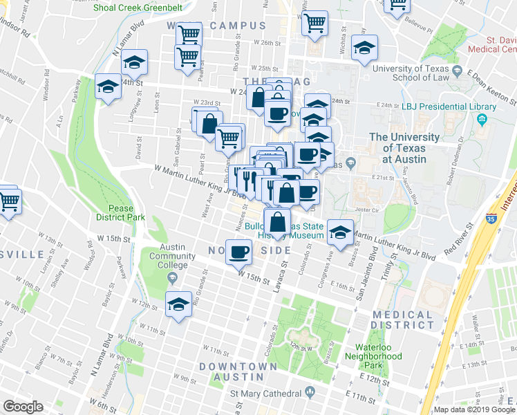 map of restaurants, bars, coffee shops, grocery stores, and more near 503 West Martin Luther King Junior Boulevard in Austin
