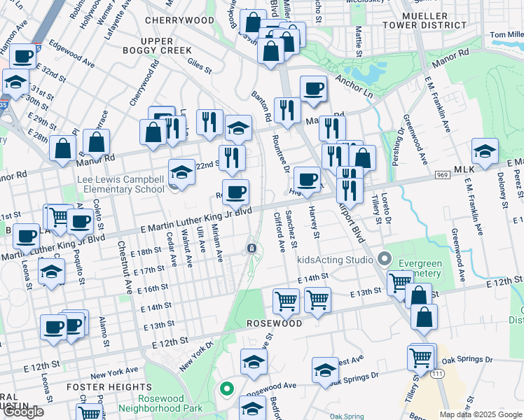 map of restaurants, bars, coffee shops, grocery stores, and more near 2903 1/2 East Martin Luther King Junior Boulevard in Austin