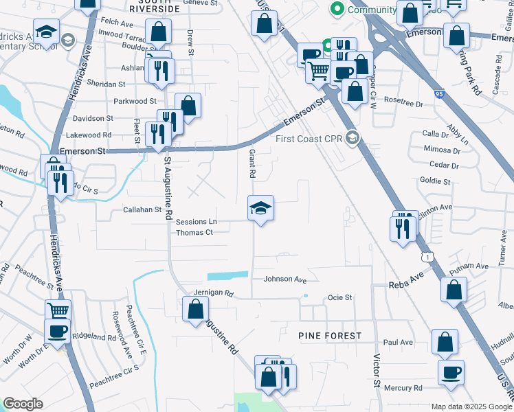 map of restaurants, bars, coffee shops, grocery stores, and more near 3929 Grant Road in Jacksonville