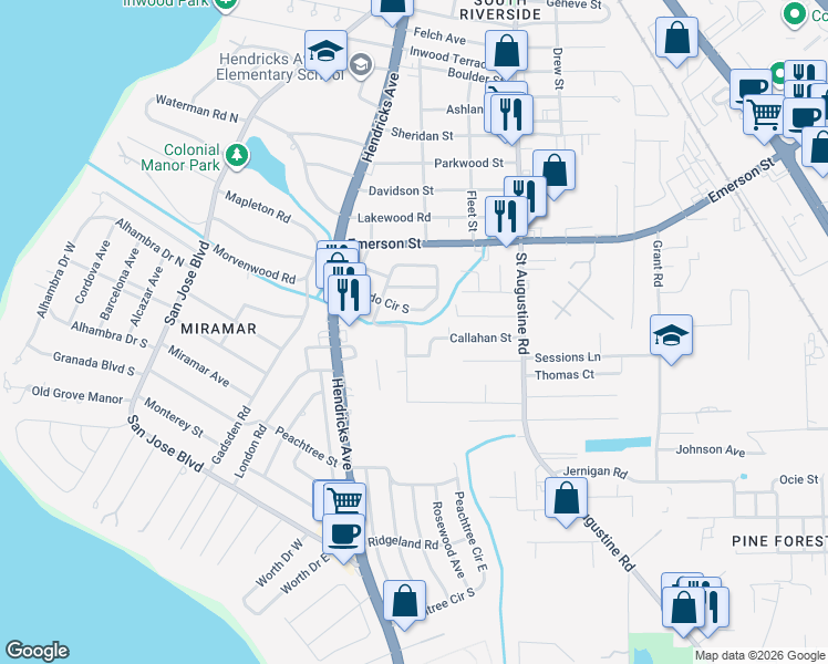 map of restaurants, bars, coffee shops, grocery stores, and more near 3903 Orlando Terrace in Jacksonville