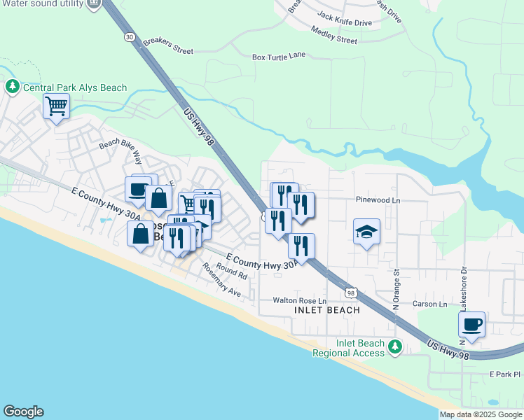 map of restaurants, bars, coffee shops, grocery stores, and more near 10942 Highway 30 in Panama City Beach