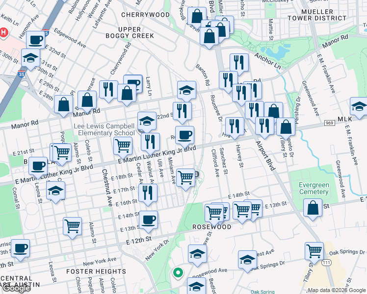 map of restaurants, bars, coffee shops, grocery stores, and more near 2834 East Martin Luther King Junior Boulevard in Austin