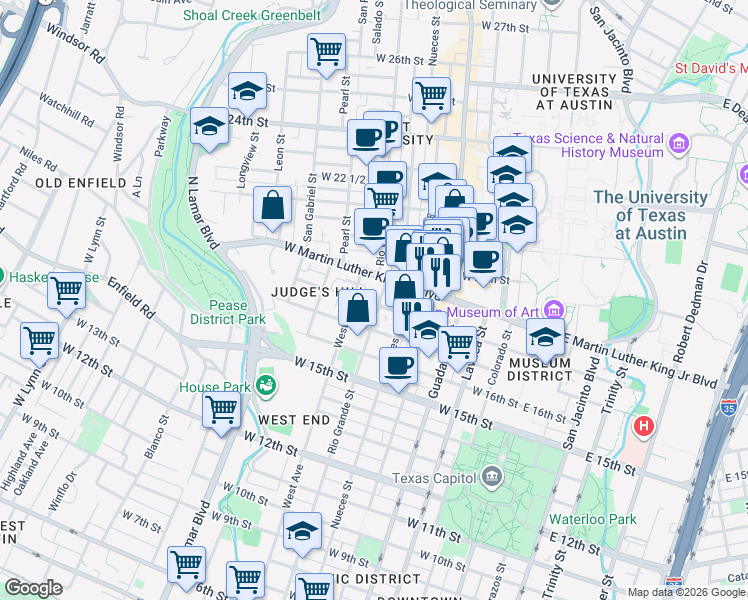 map of restaurants, bars, coffee shops, grocery stores, and more near 1801 West Avenue in Austin