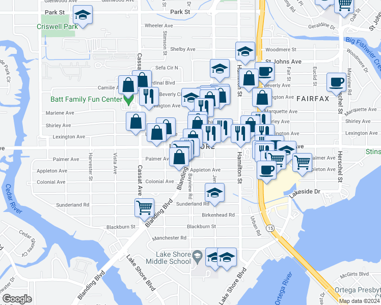 map of restaurants, bars, coffee shops, grocery stores, and more near 2015 Florida 21 in Jacksonville