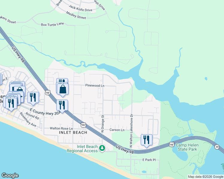 map of restaurants, bars, coffee shops, grocery stores, and more near 424 Pinewood Ln in Panama City Beach