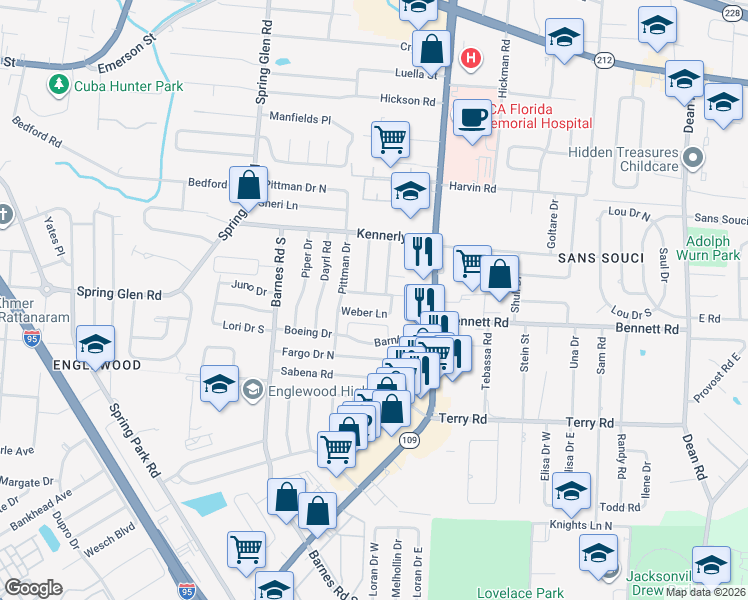 map of restaurants, bars, coffee shops, grocery stores, and more near 5650 Flagstaff Road in Jacksonville