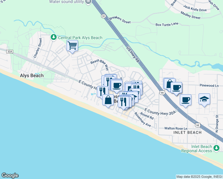 map of restaurants, bars, coffee shops, grocery stores, and more near 10343 East County Highway 30A in Rosemary Beach