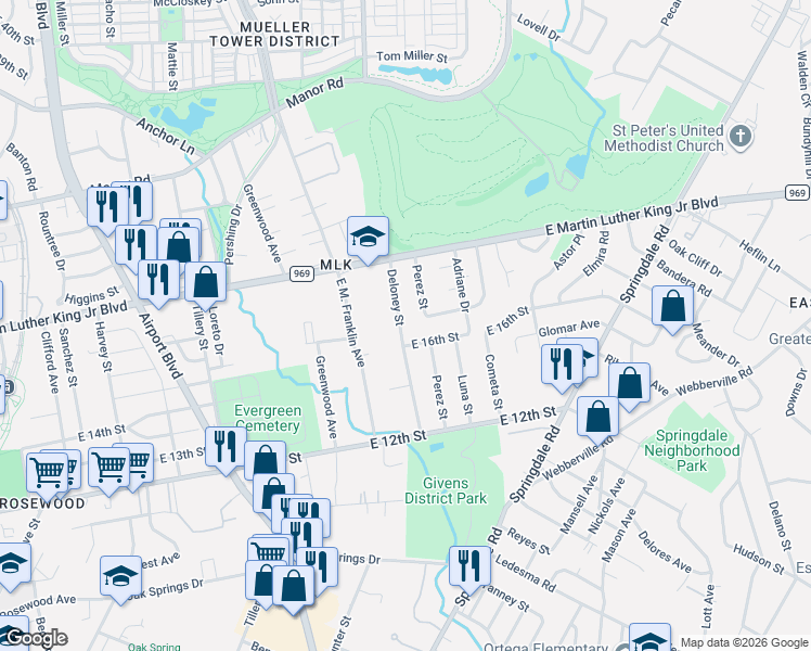 map of restaurants, bars, coffee shops, grocery stores, and more near 1609 Deloney Street in Austin