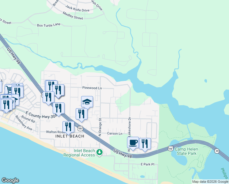 map of restaurants, bars, coffee shops, grocery stores, and more near 424 Pinewood Lane in Panama City Beach