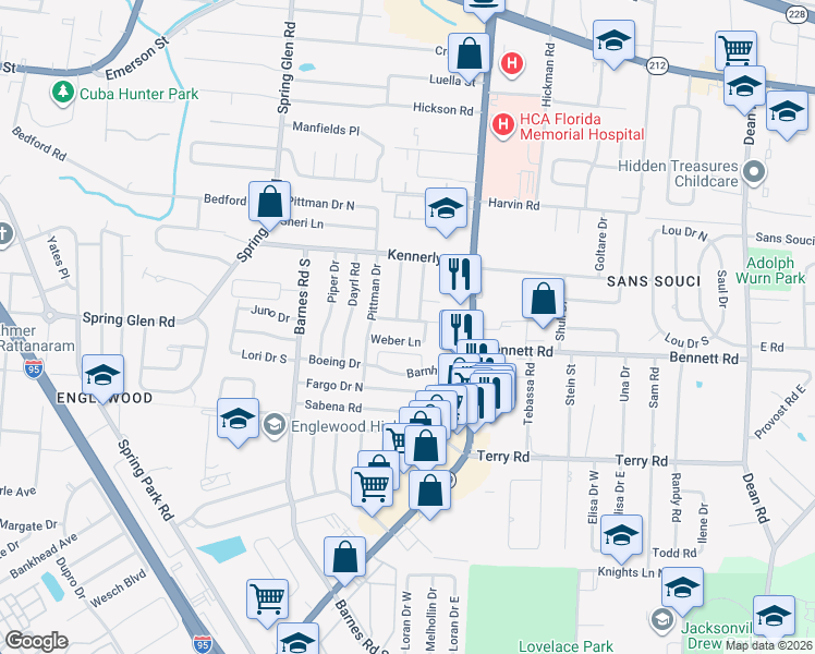 map of restaurants, bars, coffee shops, grocery stores, and more near 5650 Flagstaff Road in Jacksonville