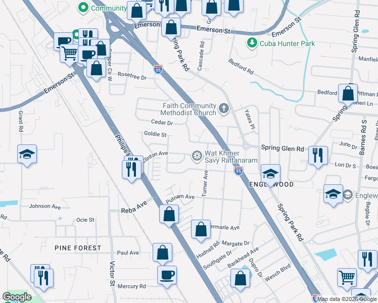 map of restaurants, bars, coffee shops, grocery stores, and more near 4505 Clinton Avenue in Jacksonville