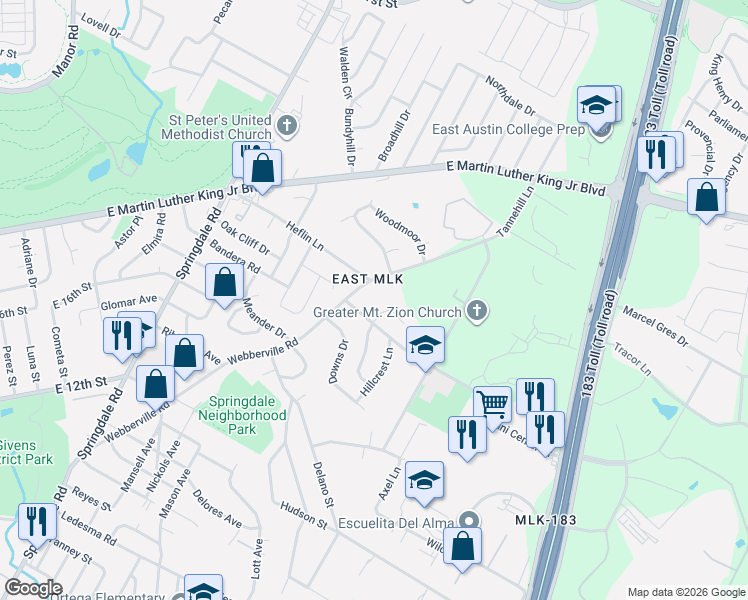 map of restaurants, bars, coffee shops, grocery stores, and more near 1803 Webberville Road in Austin