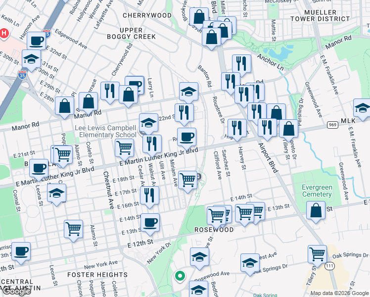 map of restaurants, bars, coffee shops, grocery stores, and more near 2834 East Martin Luther King Junior Boulevard in Austin