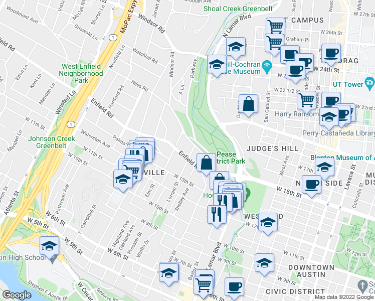 map of restaurants, bars, coffee shops, grocery stores, and more near 1502 Lorrain Street in Austin