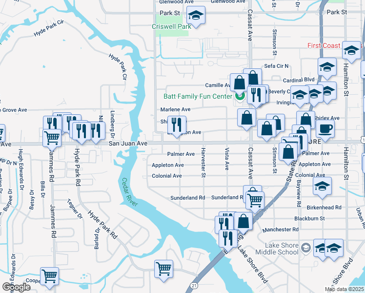 map of restaurants, bars, coffee shops, grocery stores, and more near 5250 San Juan Avenue in Jacksonville
