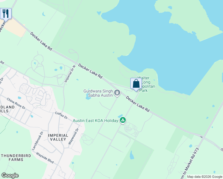 map of restaurants, bars, coffee shops, grocery stores, and more near 10108 Decker Lake Road in Austin