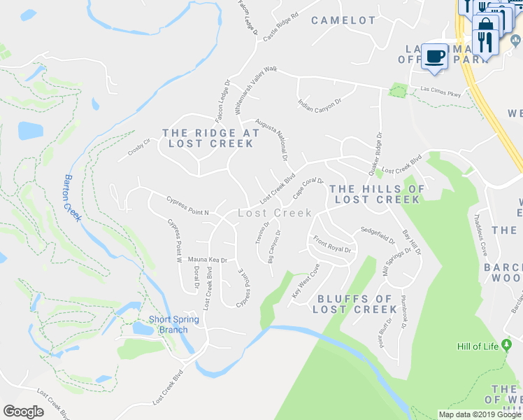 map of restaurants, bars, coffee shops, grocery stores, and more near 1707 Lost Creek Boulevard in Austin