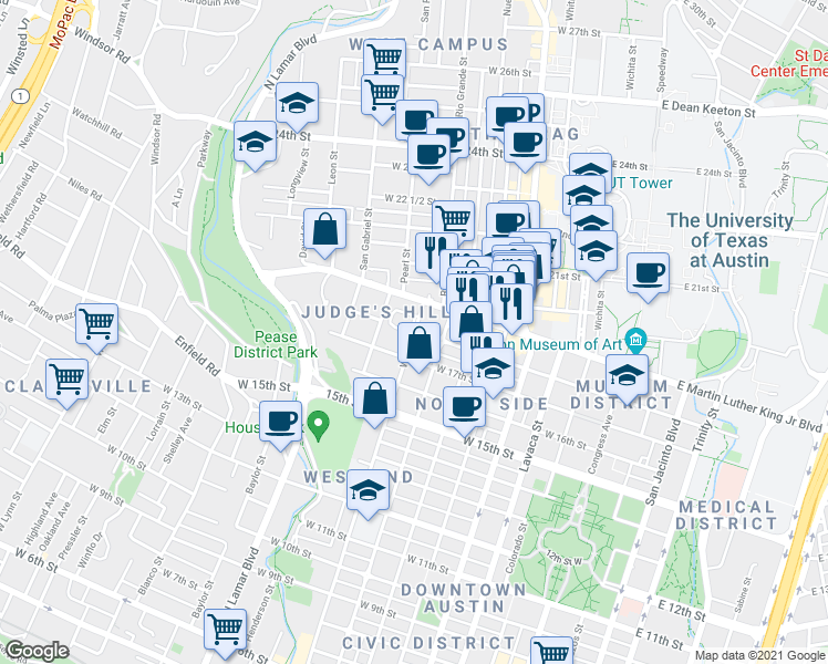 map of restaurants, bars, coffee shops, grocery stores, and more near West Avenue & West 18th Street in Austin