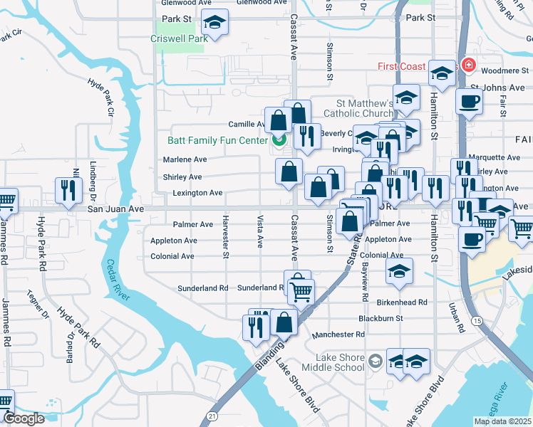 map of restaurants, bars, coffee shops, grocery stores, and more near 5050 San Juan Avenue in Jacksonville