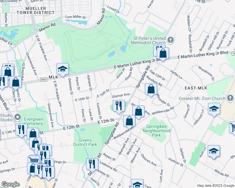 map of restaurants, bars, coffee shops, grocery stores, and more near 4404 Glomar Avenue in Austin